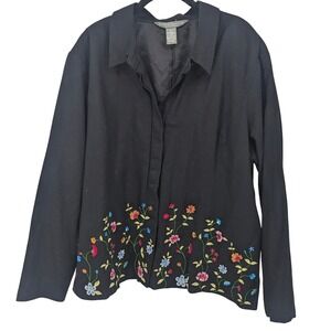 Jessica Holbrook Linen Blend Jacket Floral Embroidered Womens 2X Black Floral
